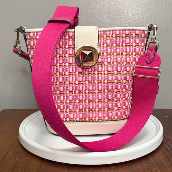 LIKE NEW KATE SPADE New York Audrey Pink Raffia Tweed Mini Bucket Crossbody - Picture 3 of 9